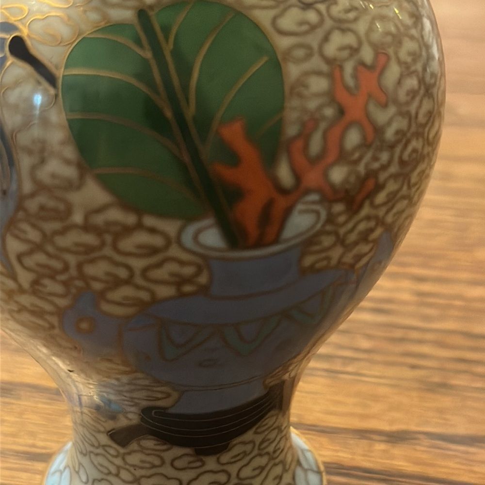 Antique Brass Painted Cloisonné 5” Vase - Picture 4 of 8